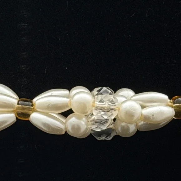 Vintage Faux Pearl and Crystal Beaded Tassel Necklace Opera Length Cream Gold - Picture 4 of 9